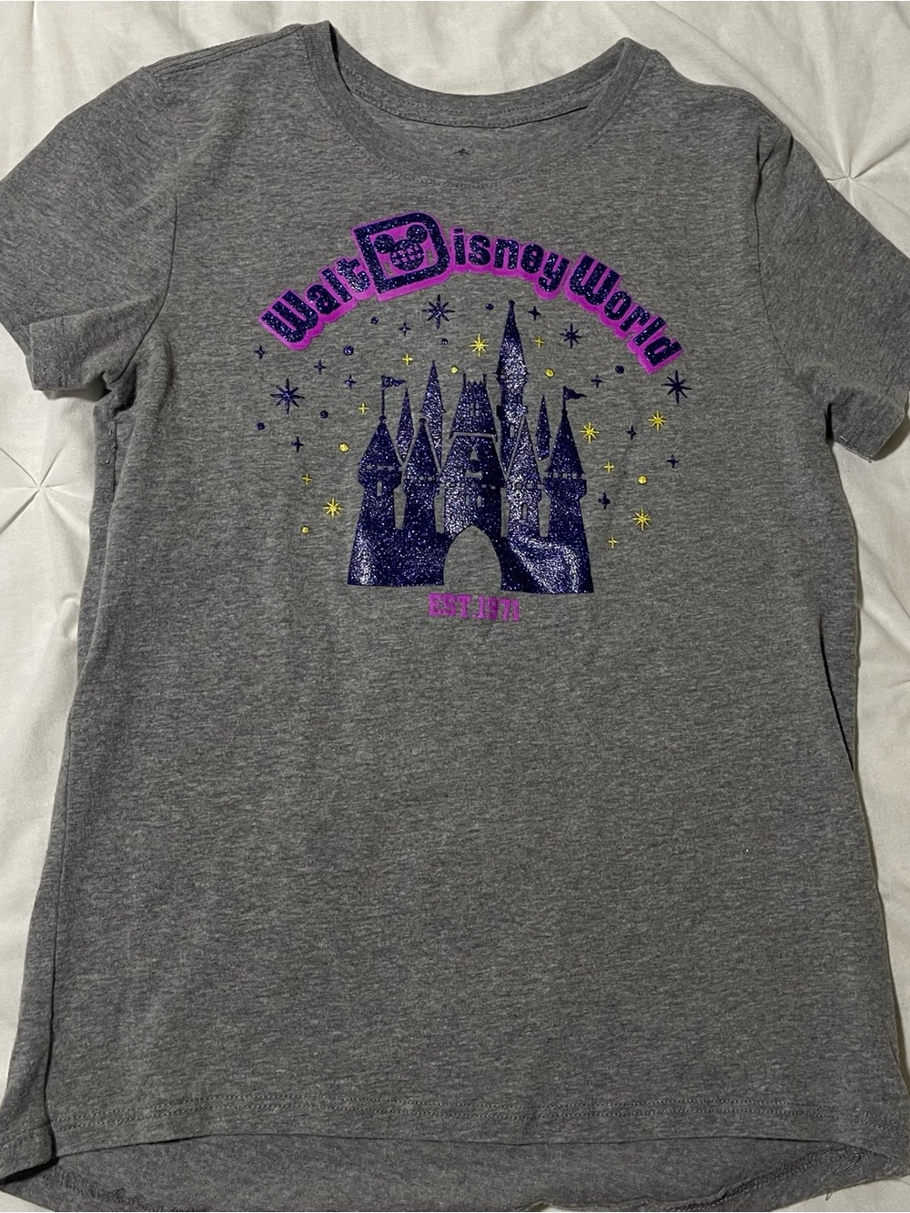 Disney Gray Tee with Purple Glitter Castle and Yellow Star Accents
